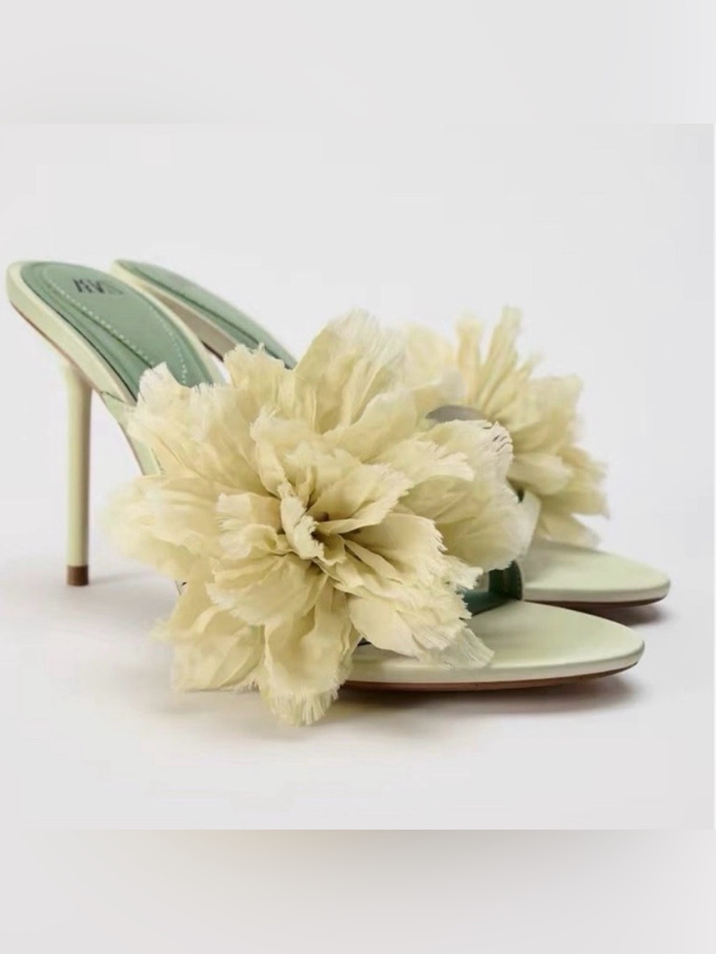 Zara Pale Green Mules With Cream Floral Appliqu Heels